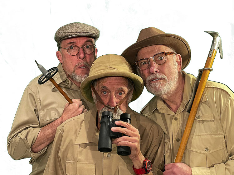 All heck breaks loose in the farcical comedy The Explorators Club at Love Street Playhouse in Woodland this May. From left, Ron Harman of Portland as George, Dan Robertson of Portland as Ashford, and Lou Pallotta of Ridgefield as Fred. Tickets available at lovestreetplayhouse.com. Photo courtesy Melinda Pallotta