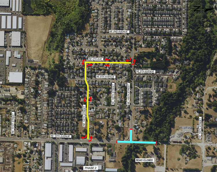 This map shows the detour route area drivers can use during the mont-hlong closure of the intersection at Northeast 149th Street and Northeast 10th Avenue. Photo courtesy Clark County Public Works