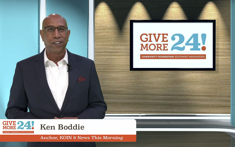 Ken Boddie from KOIN 6 News broadcasts live during the Give More 24! Afternoon Update to share news and progress from the day. Photo courtesy Community Foundation for Southwest Washington
