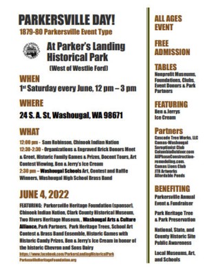 Parkersville Day will be held on the first Saturday of every June, and the first of the planned annual events will be held this year on June 4, from noon to 3 p.m. in Parker’s Landing Historical Park (west of Westlie Ford).