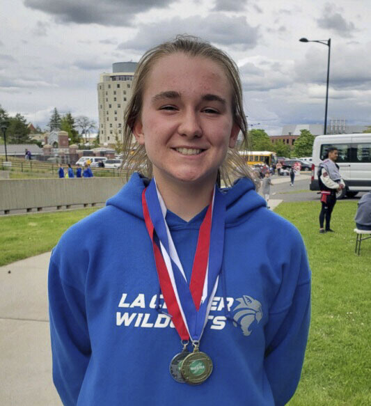 Shaela Bradley of La Center finished first, second, and third in her three individual events at the state track and field championships. Photo courtesy La Center athletics
