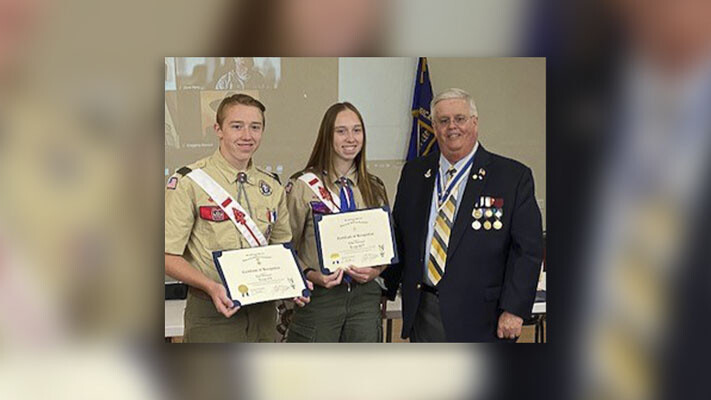 Van Stewart (left) and Ellie Stewart (center) each earned their top Scout rank recently. Also pictured is Jeff Lightburn of the Ft. Vancouver Chapter of the Sons of the American Revolution. Photo courtesy Ft. Vancouver Chapter of the Sons of the American Revolution