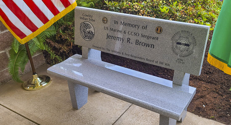 The Veterans and First Responders Board of SW WA presented this bench in the memory of Sgt. Jeremy R. Brown of the Clark County Sheriff’s Office. Photo by Paul Valencia