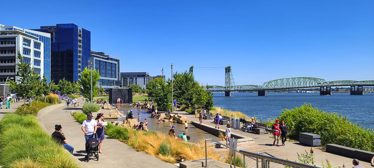 There is a water feature for folks to cool off in during the summer months at the Vancouver Waterfront. Photo by Paul Valencia
