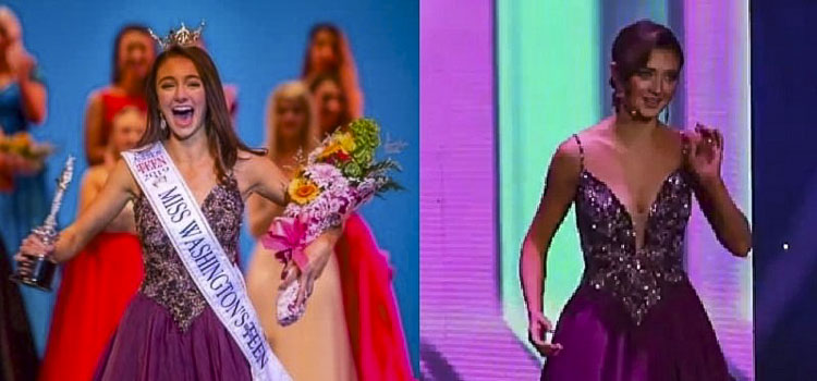 Morgan Greco of Camas, left, dazzled in this dress at Friday’s Miss America’s Outstanding Teen combination. It is the same dress that Payton May of Vancouver wore when she won Miss Washington in 2019. May went on to win the national event that year. Greco won the national event last week. Photo combination courtesy of Tom May