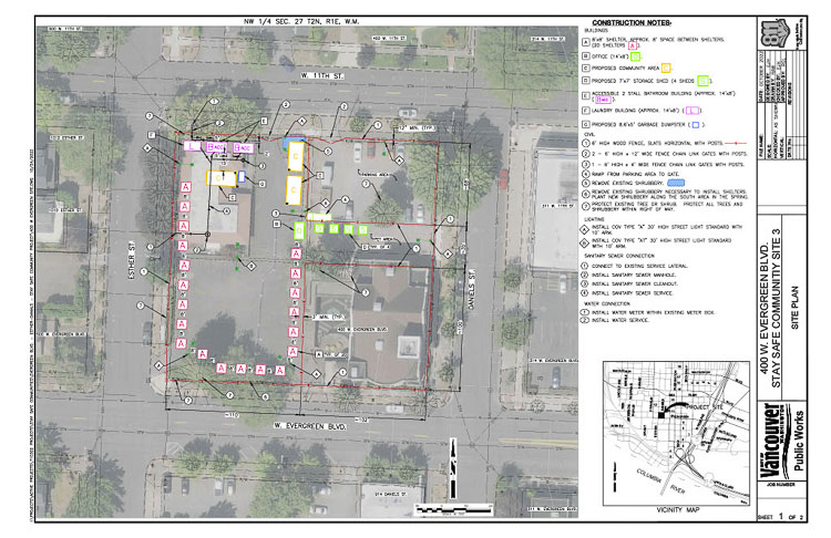 Safe Stay 3 site map with no-camping buffer. Map courtesy city of Vancouver