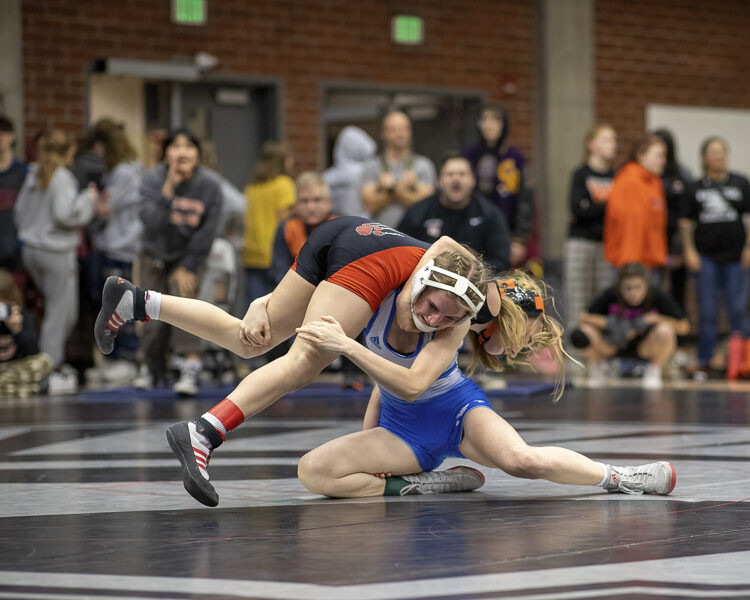 Leah Wallway of La Center won the 100-pound title match at the Clark County Wrestling Championships. Photo courtesy Heather Tianen