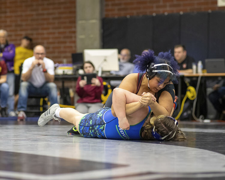 Faith Tarrant of Prairie, shown here in January, is hoping to win her second state title at Mat Classic. Girls wrestling is growing, and this season, there are two classifications for girls wrestling. Photo courtesy Heather Tianen