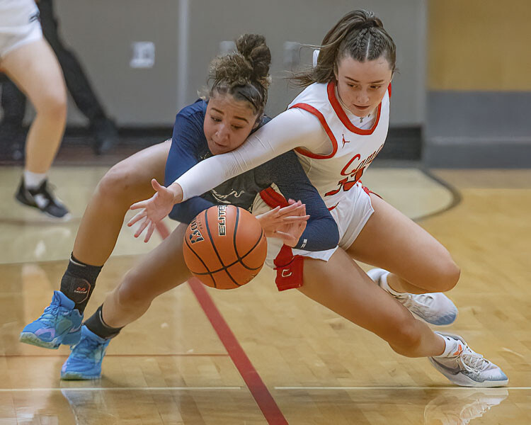 Keirra Thompson and the Camas Papermakers got after it against Bellarmine on Friday, with Camas coming through with a 43-39 victory. Photo by Mike Schultz
