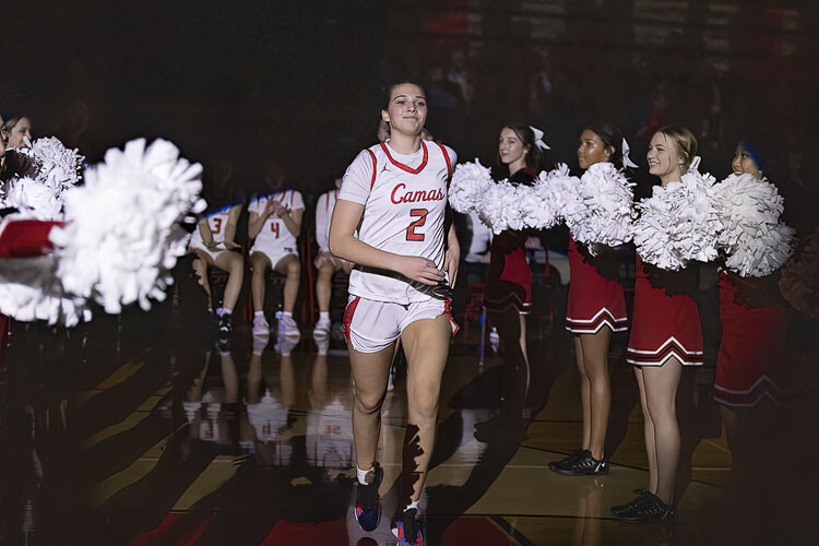 Kendall Mairs of Camas is all focus as she is introduced prior to Friday’s game against Bellarmine. Mairs would go on to have the defensive game of her life, helping the Papermakers qualify for the state tournament. Photo by Mike Schultz