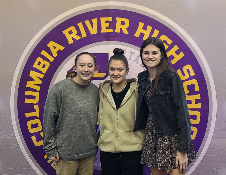 Gracie Glavin, Paige Johnson, and Logann Dukes have all made major contributions to Columbia River’s league championship basketball season. Photo by Paul Valencia