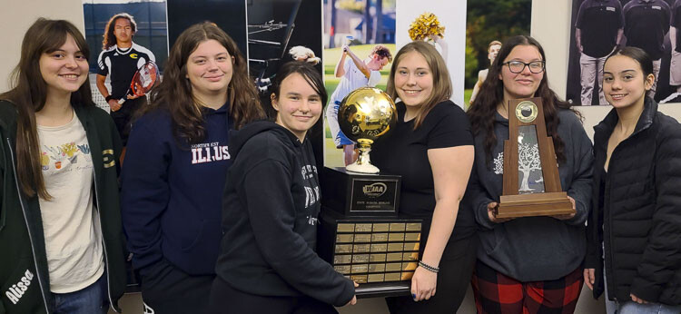The Evergreen girls bowling team won the state team title last week, giving the Plainsmen five state titles in the past six championships. From left to right: Alissa Barber, Chloe Shove, Zoey Mikkelsen, Alexis Clarke, Kierra Wilcox, and Izabella Curry. Wilcox also won the state individual championship. Photo by Paul Valencia