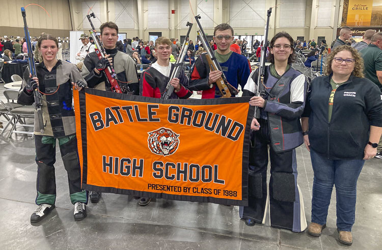 The BGHS AFJROTC Marksmanship team (from left to right: Rheanne Harpe, Fletcher Harpe, Blake Miller, Matthew Long, Sofia Avalos Willis, Coach Megan VanDyne) Photo courtesy Battle Ground School District