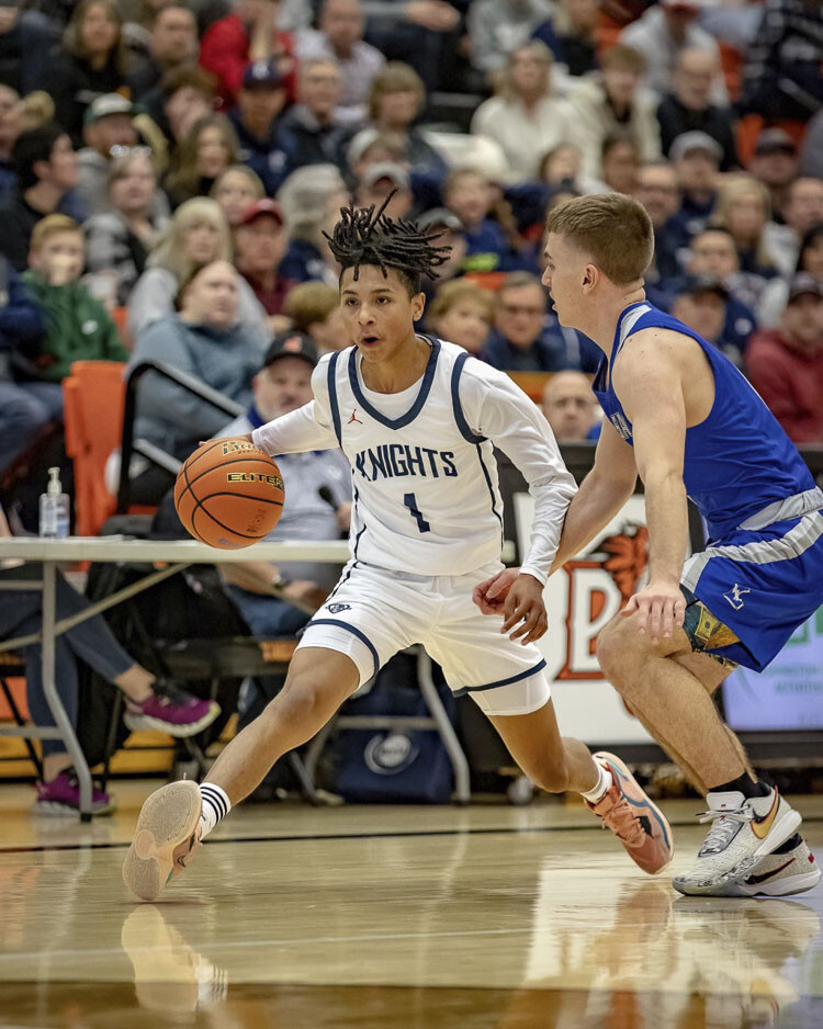 Jaydon Hall, known more for getting the ball to his teammates, has been scoring more of late, and Saturday he led King’s Way Christian with 23 points in a victory to send the Knights to the Yakima Valley SunDome. Photo courtesy Heather Tianen
