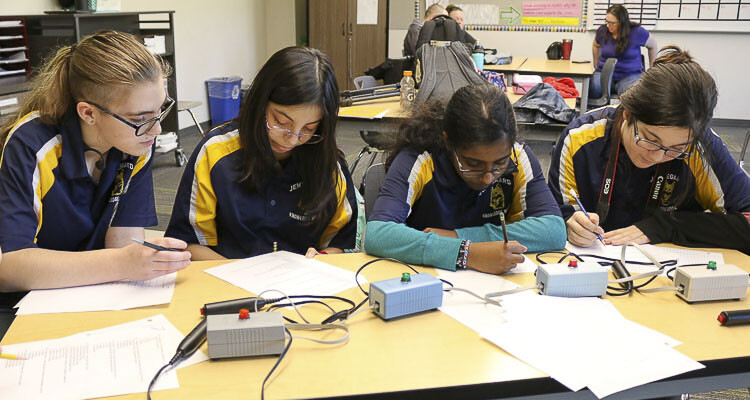 (Left to right) Grey Johnson (8th), Allison Castro-Coca (8th), Ganguni Higgoda-Gamage (8th), Makayla Cain (8th) compete in a JMS Knowledge Bowl meet on March 16, 2023. Photo courtesy Washougal School District