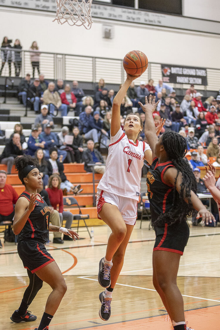 Reagan Jamison, shown here last week in regionals, scored 13 points Thursday night in Camas’ win over Woodinville in the state quarterfinals. Photo by Mike Schultz