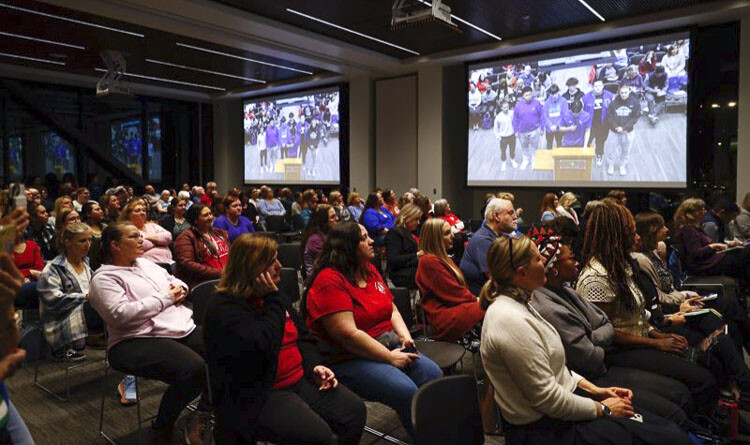 Tuesday’s school board meeting for Evergreen Public Schools was packed with concerned community members and employees, upset over the proposed budget cuts. Photo courtesy Heather Tianen