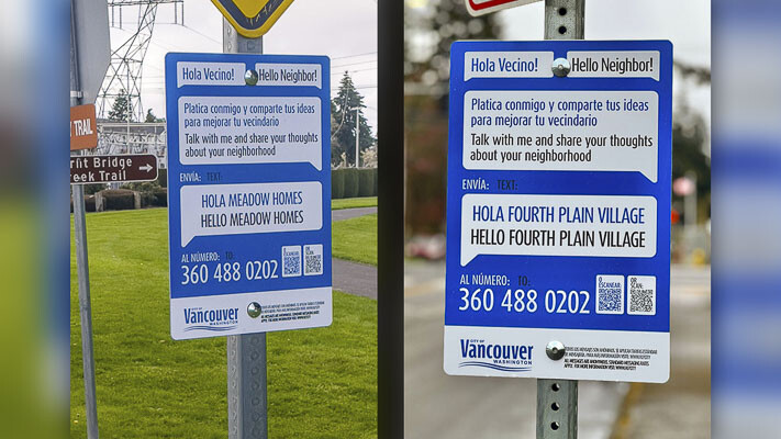 New signs invite community members to text the city feedback and ideas. Photos courtesy city of Vancouver