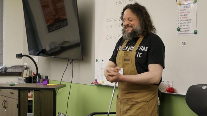 John Furniss, also known as The Blind Woodsman, speaks with middle school students about career paths. Photo courtesy Washougal School District