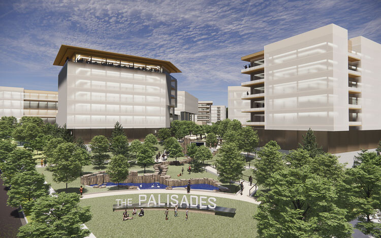 This is a rendering of what the Palisades might look like after it is completed. The plan is for 14 acres of office and retail space, multi-family residential units, and a park and a walkway. Image courtesy Romano Capital