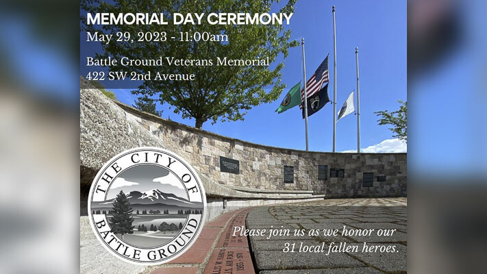 A Memorial Day ceremony will be held at the Battle Ground Veterans Memorial to honor fallen U.S. Armed Forces personnel, with the reading of poems and the names of 31 local heroes engraved on the memorial.