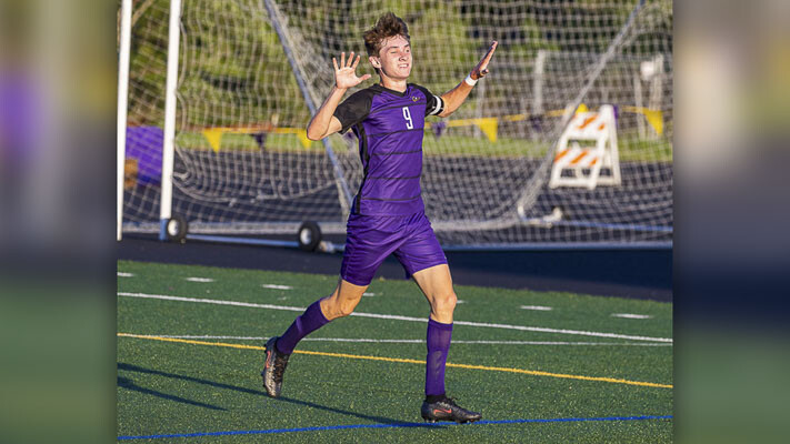 Alex Harris, shown here in Columbia River’s first-round match of the Class 2A state playoffs, scored three goals Saturday in River’s 3-0 win in the quarterfinals. Columbia River is in the final four. Photo by Mike Schultz