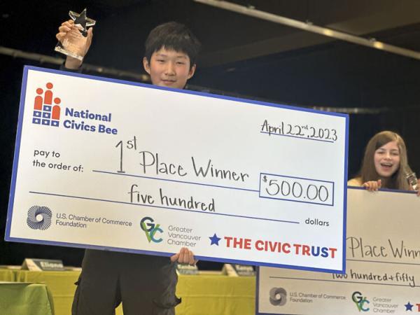 Benjamin Wu, 7th grader, won the title of Southwest Washington’s Civics Bee Champion and a cash prize of $500. Wu attends Narrows View Intermediate School in the Tacoma/University Place School District. Photo courtesy Association of Washington Business