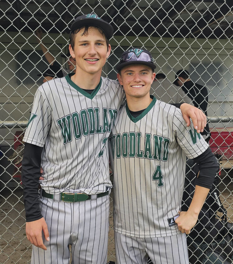 Woodland baseball players Deuce Merritt and Jake Sams each showcased strong sportsmanship Friday in their final game of the season. Woodland beat Fort Vancouver 2-1 in a game featuring two teams that did not qualify for the playoffs. These teams also displayed plenty of winning character. Photo by Paul Valenca