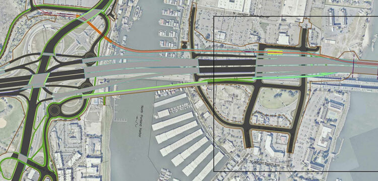 Access to/from Hayden Island will be from the Marine Drive interchange. There will be six separate bridge structures over the north Portland harbor, including a bridge for MAX light rail, two freeway bridges, freeway on and off ramps, and a local bridge for vehicles, bikes and pedestrians. Graphic courtesy Interstate Bridge Replacement Program