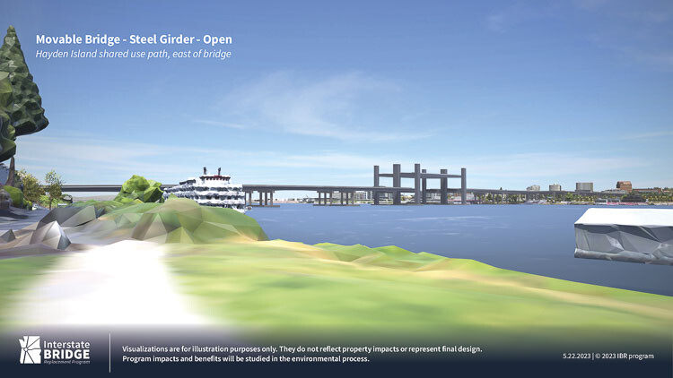 The IBR visualization of a bridge with a movable lift span, as viewed from Hayden Island. Graphic courtesy IBR