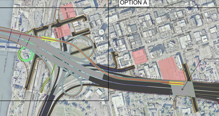 The IBR shows the “community connector” over I-5 on the far right, where the MAX light rail station (yellow) will be.located. Areas in pink are possible park and ride locations. On the left is the waterfront light rail station over the BNSF rail line, the SR-14 interchange, and the bike-pedestrian access ramp (green spiral) to the bridge. Graphic courtesy Interstate Bridge Replacement Program