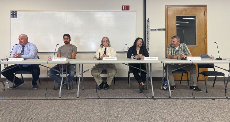 Battle Ground City Council candidates participated in a League of Women Voters forum Thursday. Shown here (left to right) are Shane Bowman, Josh VanGelder, Dan Dingman, Josie Calderon and Eric Overholser. Photo courtesy Leah Anaya