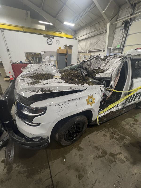 Deputy Drew Kennison was pinned inside the vehicle for a significant amount of time. The exceptional response by his fellow SWAT team members traveling with him and other emergency responders saved his life, but the accident resulted in his left leg being amputated. Photo courtesy Clark County Sheriff’s Office