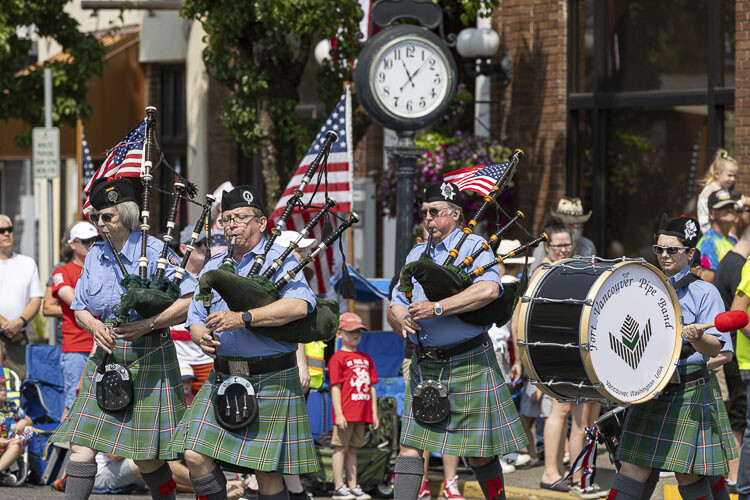 The Vancouver Pipe Band performed for spectators during Tuesday’s parade in downtown Ridgefield. Photo by Mike Schultz