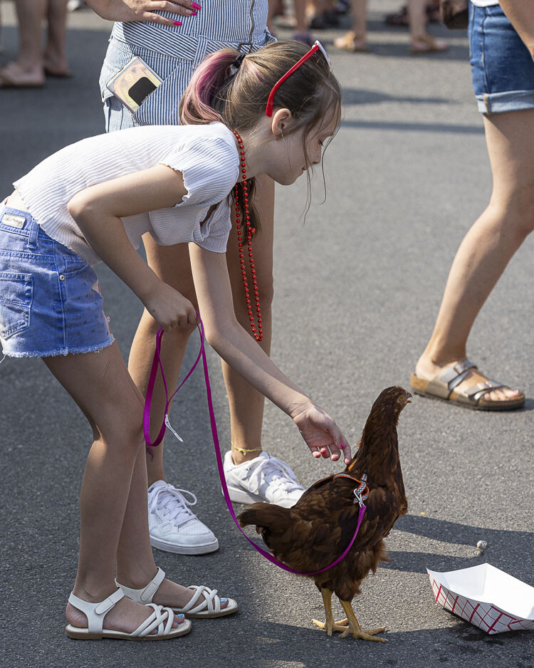 Joby Wells brought her chicken Sandy with her to the Pet Parade. Photo by Mike Schultz