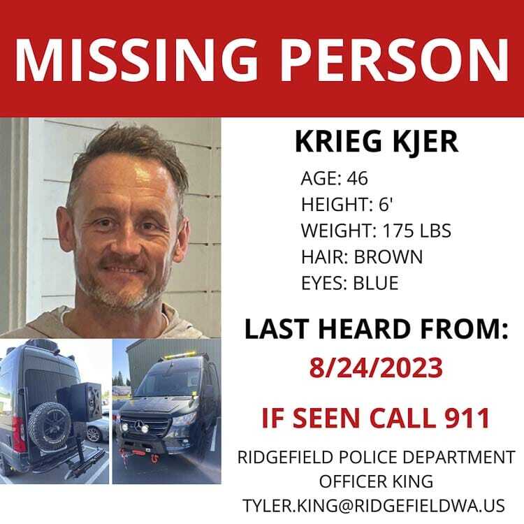 The Ridgefield Police Department is requesting the public's assistance in locating Krieg Olaf Kjer, who was last heard from at 7 a.m. on Thursday, Aug. 24. Photo courtesy Ridgefield Police Department