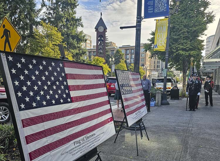 Flags of Heroes were on display at the Patriot Day Salute on Monday in Vancouver. Photo by Paul Valencia