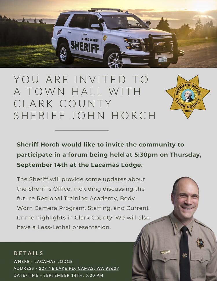 Next week, on Thu., Sept. 14 starting at 5:30 p.m., Clark County Sheriff John Horch would like to invite the community to a town hall with him and members of his leadership team.