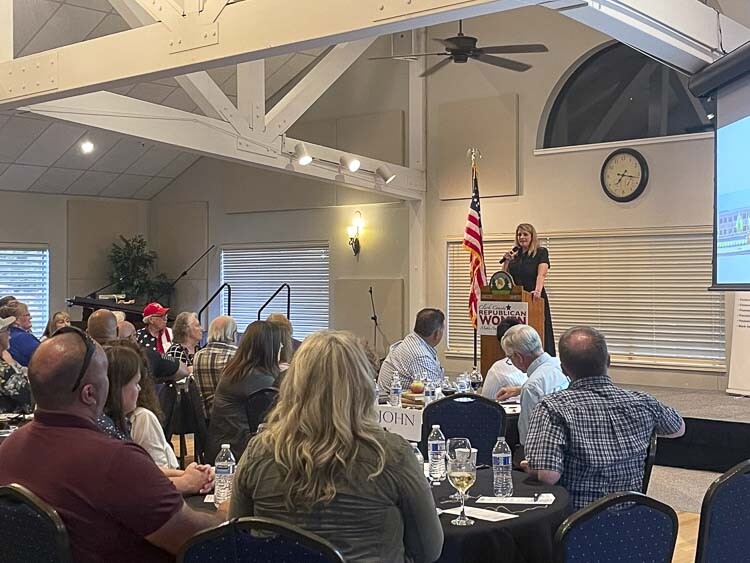 Heidi St. John, founder and director of the Firmly Planted Homeschool Resource Center, speaks to the gathering at Friday’s dinner meeting hosted by the Clark County Republican Women. Photo by Leah Anaya