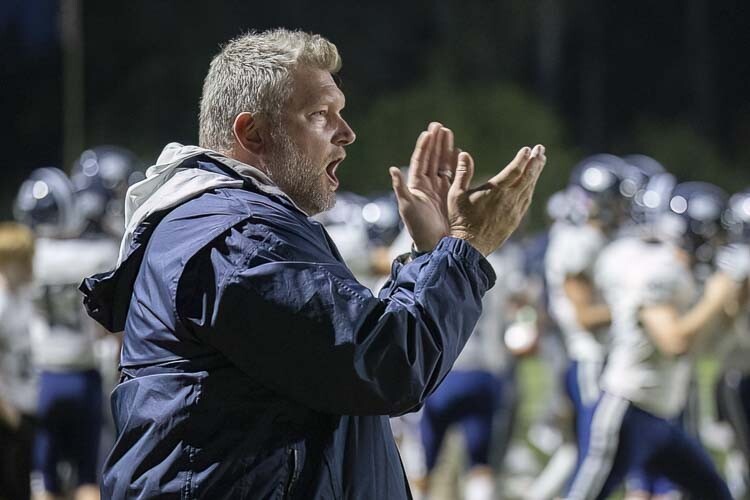 Rory Rosenbach, the former Union football coach and AD, is now the athletic director at Glacier Peak High School in Snohomish. Glacier Peak was in town Friday, facing Evergreen, which gave Rosenbach a chance to return to McKenzie Stadium. Photo by Mike Schultz