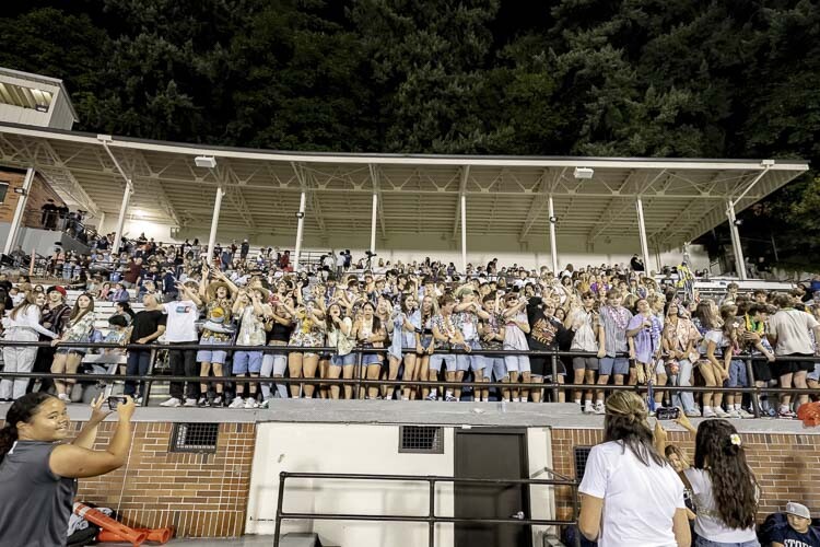 Skyview players said they appreciated the big student section at Kiggins Bowl, creating a great atmosphere for the first high school football game of the season. Photo courtesy Heather Tianen