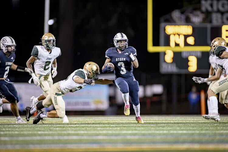 Trey Jacob and the Skyview Storm had no trouble finding room against Jesuit Friday night at Kiggins Bowl. Jacob scored a touchdown and helped the Storm to a 28-0 victory. Photo courtesy Heather Tianen