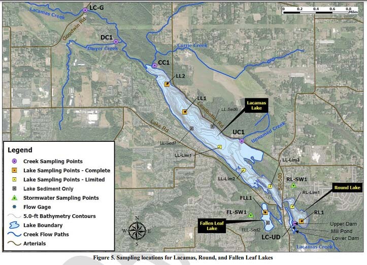 Over 13 months, water was tested at multiple locations around Lacamas and Round lakes and a few creeks. The testing locations did not include the privately owned golf course or the Lacamas Shores neighborhood. The tests were primarily for phosphorus. Graphic courtesy city of Camas