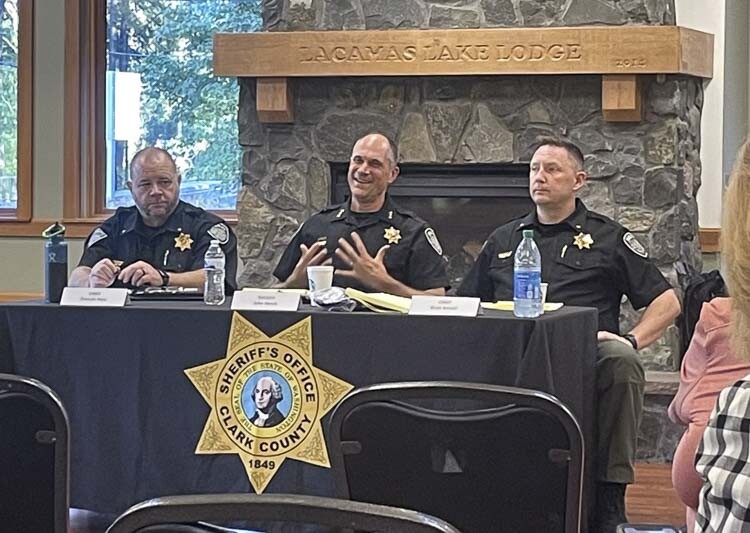 On Thursday, Clark County Sheriff John Horch (center) held his third town hall since being elected. He was joined by Chief Civil Deputy Duncan Hoss (left) and Chief Enforcement Deputy Brian Kessel (right). Photo courtesy Leah Anaya