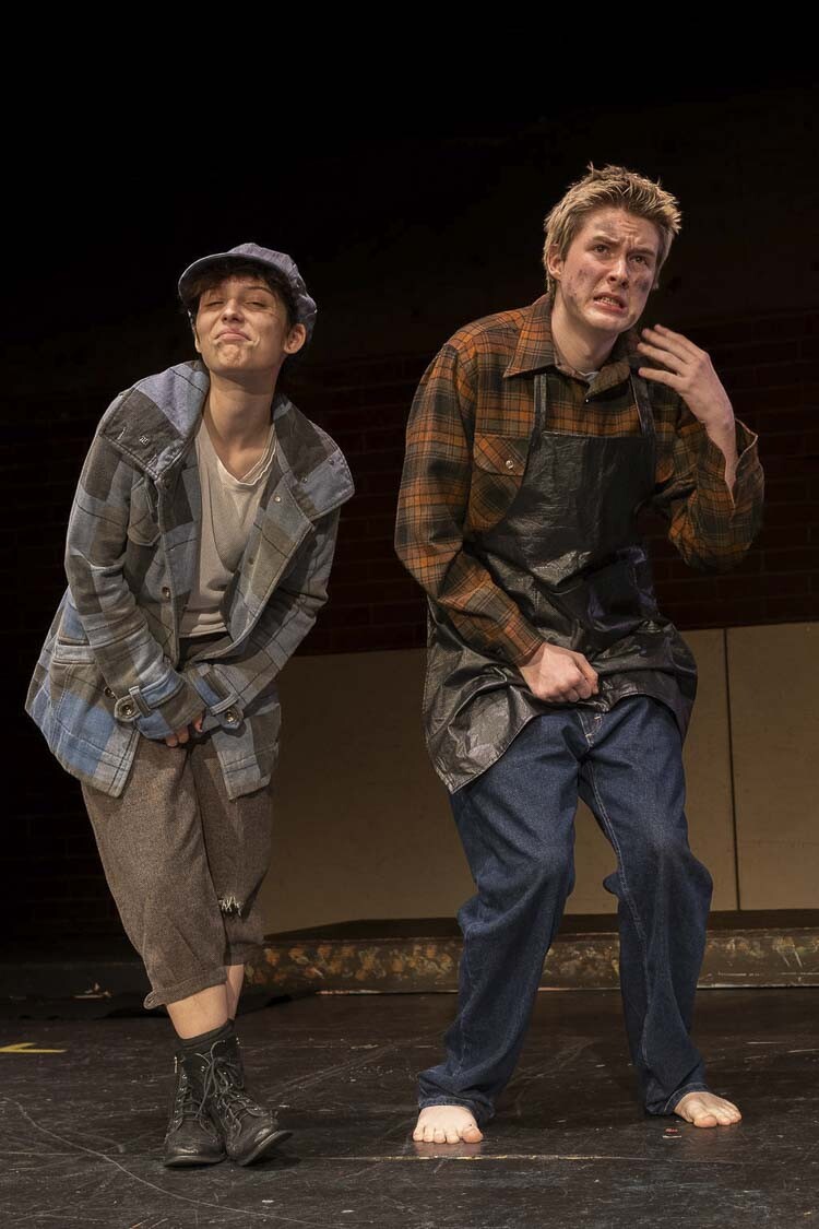 Aevry Roberts (left) and Ian Connor in Prairie High School drama's production of Urinetown the Musical. Photo courtesy Battle Ground Public Schools