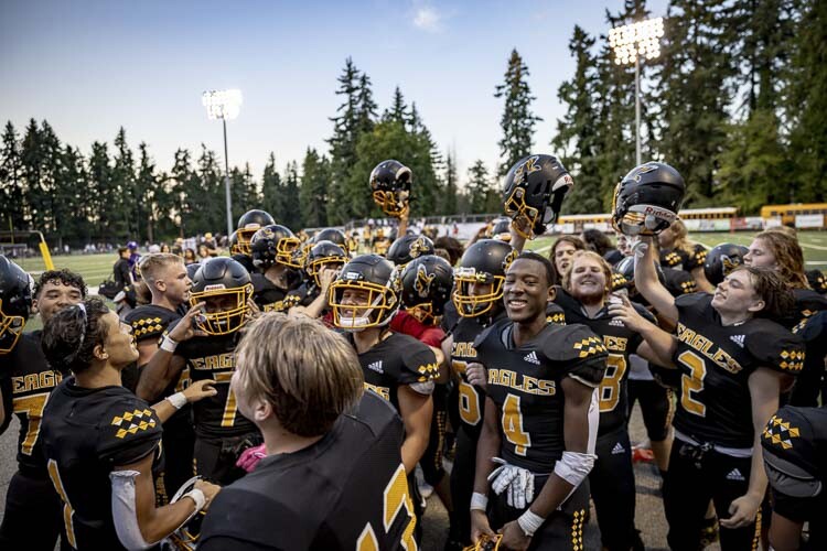 Hudson’s Bay football was all smiles in Week 1 when the Eagles won their season opener. A month later, and the Eagles are still undefeated going into Week 6. Photo courtesy Heather Tianen