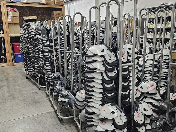 This is just a small example of the equipment that Clark County Youth Football has, because most of the equipment is checked out by athletes during the season. When all the inventory is in, CCYF needs roughly 2,000 square feet of warehouse space. Photo by Paul Valencia