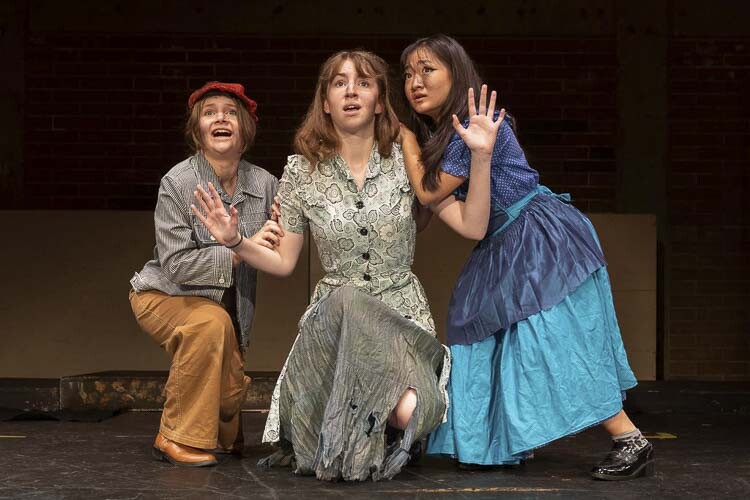 Molly Brennan (left), Emalyn Pierce (center) and Valyssa Nguyen in Prairie High School drama's production of Urinetown the Musical. Photo courtesy Battle Ground Public Schools
