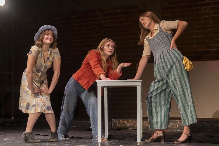 Olivia Fahndrich (left), Lilian Paris (center) and Lauren McCombs in Prairie High School drama's production of Urinetown the Musical. Photo courtesy Battle Ground Public Schools