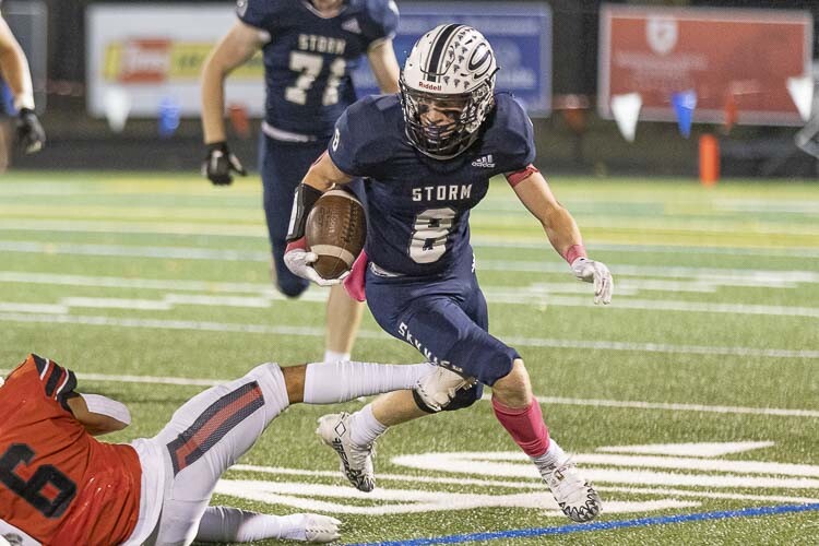 Gavin Packer, shown here last year against Camas, had a slow start to this season due to an injury but he scored three touchdowns last week for the Skyview Storm. Skyview takes on Camas on Friday night. Photo by Mike Schultz